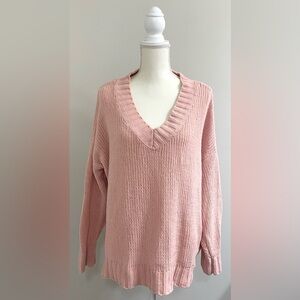 Aerie Womens S Pink Oversized Long Sleeve V-Neck Sweater Boho-chic Cabincore